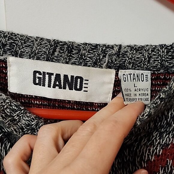 Vintage Gitano mens large grey diamond pattern sweater leather patch western y2k - Picture 5 of 16